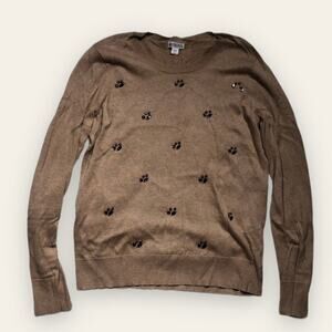 Merona Target Tan Brown Long Sleeve Knit Crew Neck Sweater Rhinestone Accent
